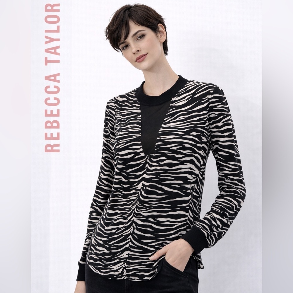 Rebecca Taylor Blouse Black White Silk Zebra Print Long Sleeve Crewneck